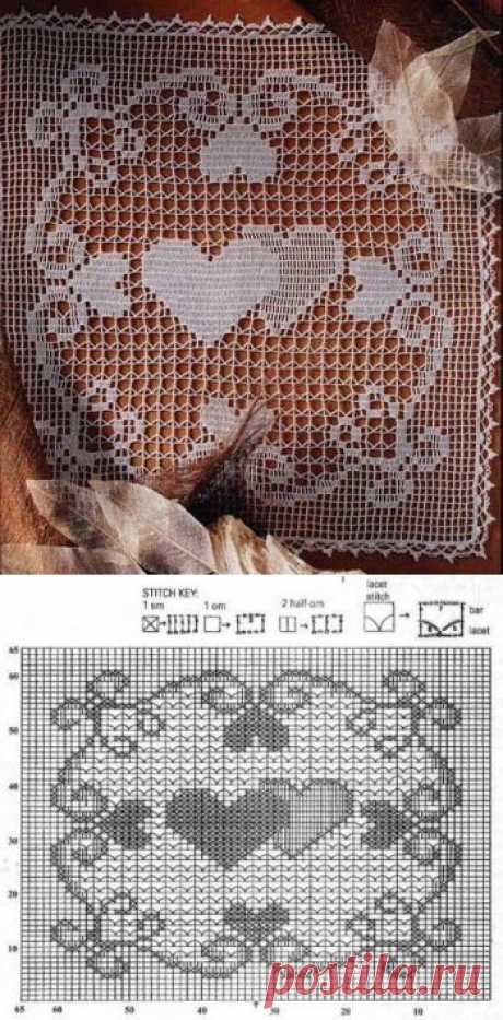 strong&gt;Филейное вязание. Салфеточка с сердечками.