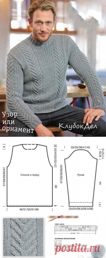 Мужской свитер с косами. Вязание спицами для мужчин