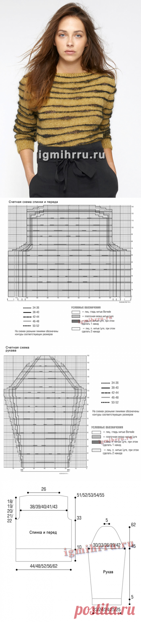 Желто-черный пуловер в полоску. Вязание спицами