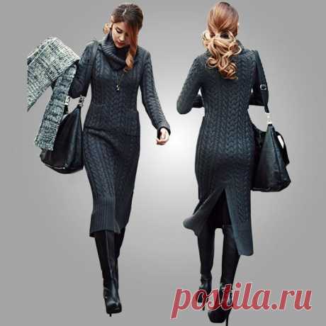 2014 Korean Fall and Winter Turtleneck Collar Knit Long Slim Twist Maxi Sweater Dress Split Vintage Cable Ankle Length Clothing.