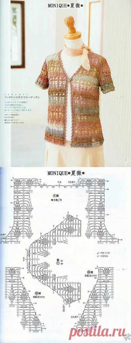 АЖУРНЫЙ ЖАКЕТ ИЗ СЕКЦИОННОЙ ПРЯЖИ С КОРОТКИМ РУКАВОМ.