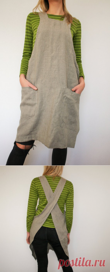 Linen Japanese apron / Work apron dress / natural linen dress