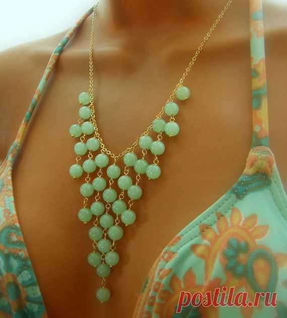 Seafoam Statement Necklace - Beaded Necklace - Seafoam Chalcedony Bib Necklace