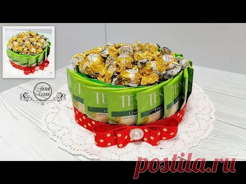 DIY🎂ТОРТИК ИЗ ПАКЕТИКОВ ЧАЯ И КОНФЕТ🎂КРАСИВАЯ ПОДАЧА БОЛЬШОГО КОЛИЧЕСТВА КОНФЕТ🎂ПОДАРОК НА 8 МАРТА