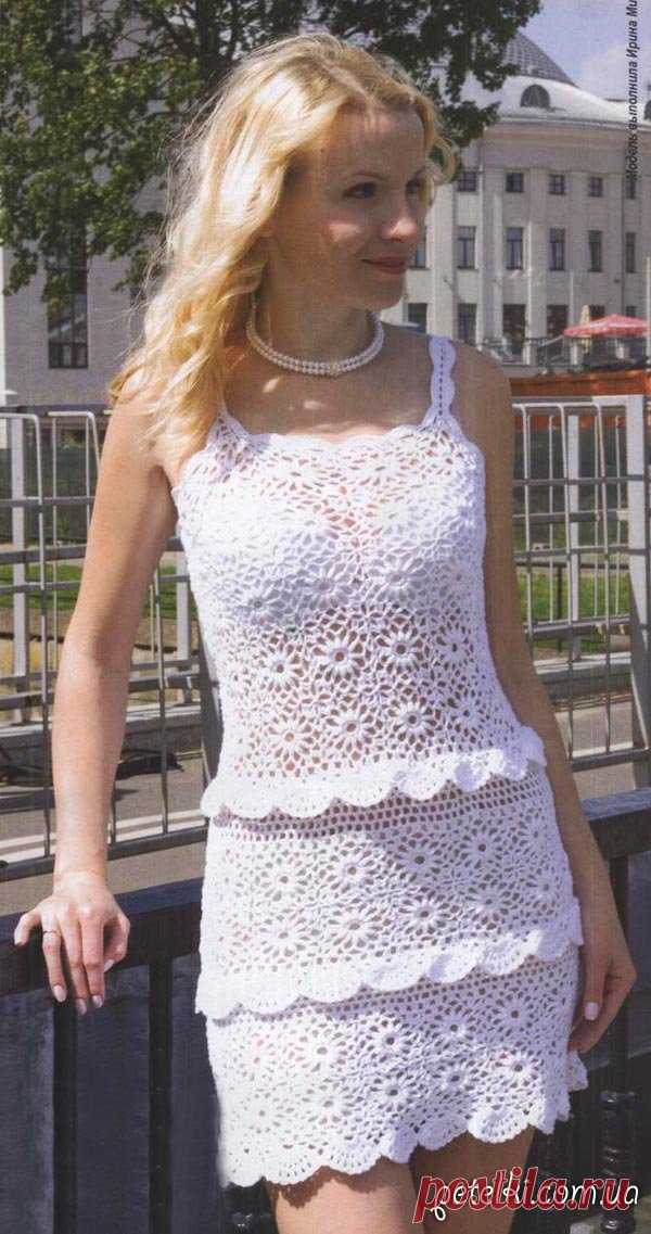 Белоснежное платье из цветочных мотивов. Описание, схемы