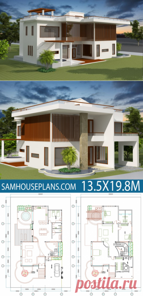 House Plan 13.5x19.8m with 4 Bedrooms - SamHousePlans