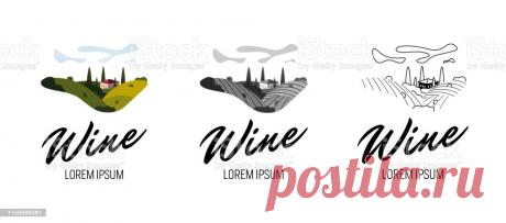 Сельский Пейзаж С Полями Виноградников Виллами Деревьями Расположенными В Красочном Сером Винтажном Стиле Линии Модная Концепция Винн — стоковая векторная графика и другие изображения на тему Логотип - iStock