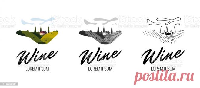 Сельский Пейзаж С Полями Виноградников Виллами Деревьями Расположенными В Красочном Сером Винтажном Стиле Линии Модная Концепция Винн — стоковая векторная графика и другие изображения на тему Логотип - iStock