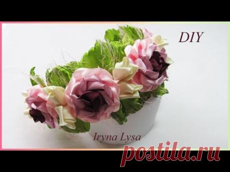 (28) Ободок-венок для волос, розы из атласной ленты, МК - YouTube