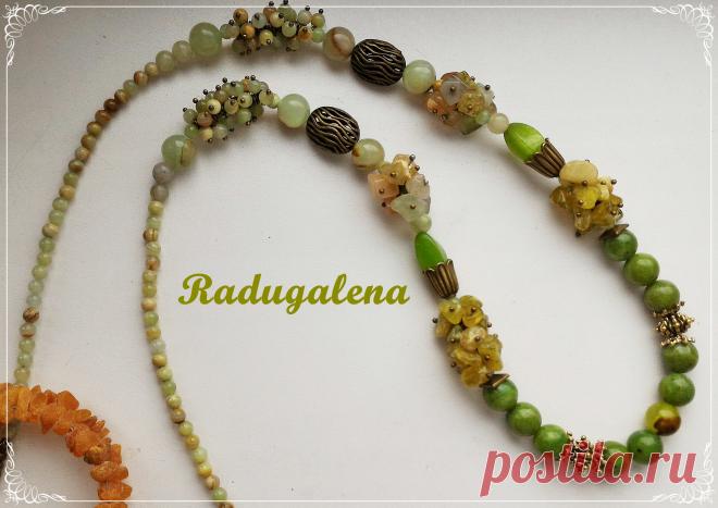 Бусы с нефритом, кошачьим глазом, ониксом и сколами самоцветов