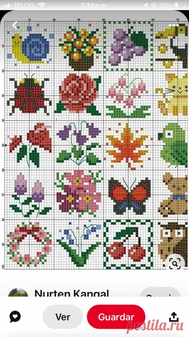 the cross stitch pattern is displayed on an iphone screen, and there are many different flowers