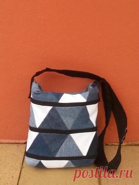 Upcycled Denim Triangle Bag "Make this funky denim bag with denim scraps of various shades. Follow how to make this triangle design or create your own design. You could make a bag like this in an evening and use it for an everyday shoulder bag."