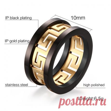 Мужское кольцо черно-золотое из нержавеющей стали с ажурной вставкой в греческом стиле - Кольца, перстни, кастеты / СЮРПРАЙЗ