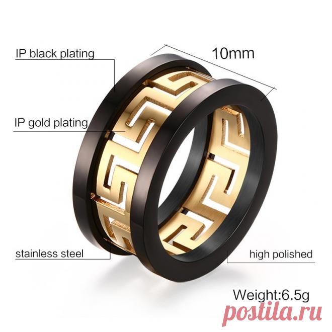 Мужское кольцо черно-золотое из нержавеющей стали с ажурной вставкой в греческом стиле - Кольца, перстни, кастеты / СЮРПРАЙЗ