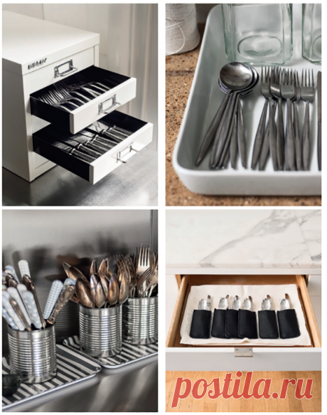Ящики для столовых приборов — образец порядка, но оригинальные системы порой не хуже. Вы можете использовать сундучок для канцелярских принадлежностей, поднос с высокими бортиками, открытые контейнеры (любые металлические или керамические емкости), кармашки (можно сшить самостоятельно). Выберите свой вариант и наиболее подходящий вам способ.