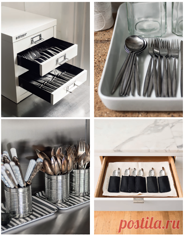 Ящики для столовых приборов — образец порядка, но оригинальные системы порой не хуже. Вы можете использовать сундучок для канцелярских принадлежностей, поднос с высокими бортиками, открытые контейнеры (любые металлические или керамические емкости), кармашки (можно сшить самостоятельно). Выберите свой вариант и наиболее подходящий вам способ.