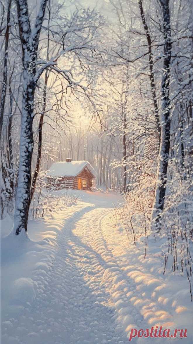 a painting of a snowy path leading to a cabin in the woods with snow on the ground