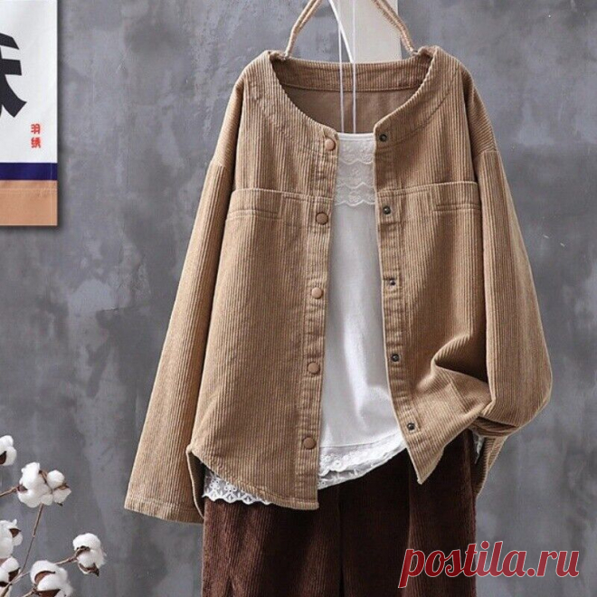 Женские вельветовые рубашки куртка свободная накидная застежка пальто, блуза, топы, повседневная хаки | eBay