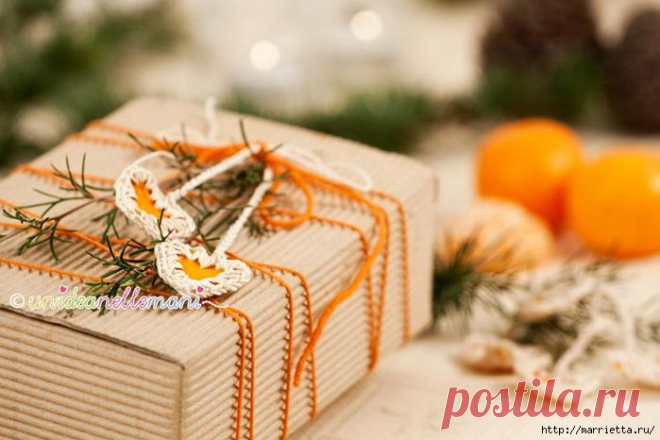 Апельсиновые сердечки с обвязкой крючком. Идея для декора подарка.