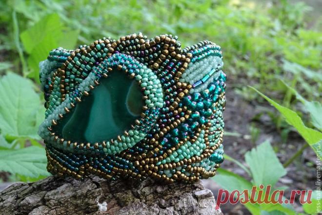 Купить "Сны шамана. Лето" - браслет - тёмно-зелёный, зеленый, морская волна, павлинье перо