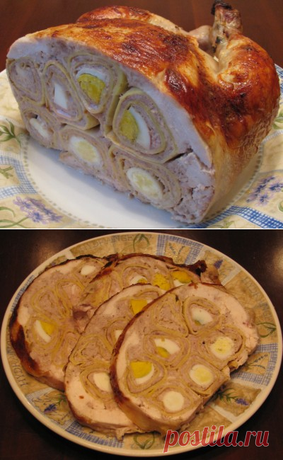Курица, фаршированная блинами, свининой и яйцами