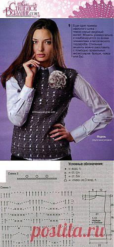 Темно-серый ажурный жилет крючком / Стильное вязание