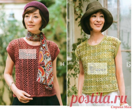 Топ с вертикальными ажурными дорожками (два цвета). Крючок. let`s knit series 80494