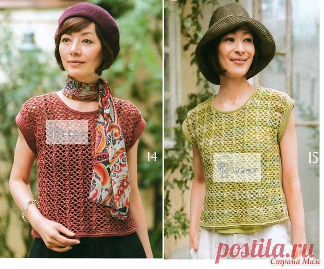 Топ с вертикальными ажурными дорожками (два цвета). Крючок. let`s knit series 80494