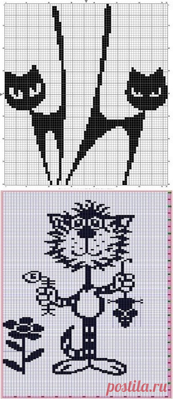 Схемы котов спицами, Можно использовать в филейном вязании