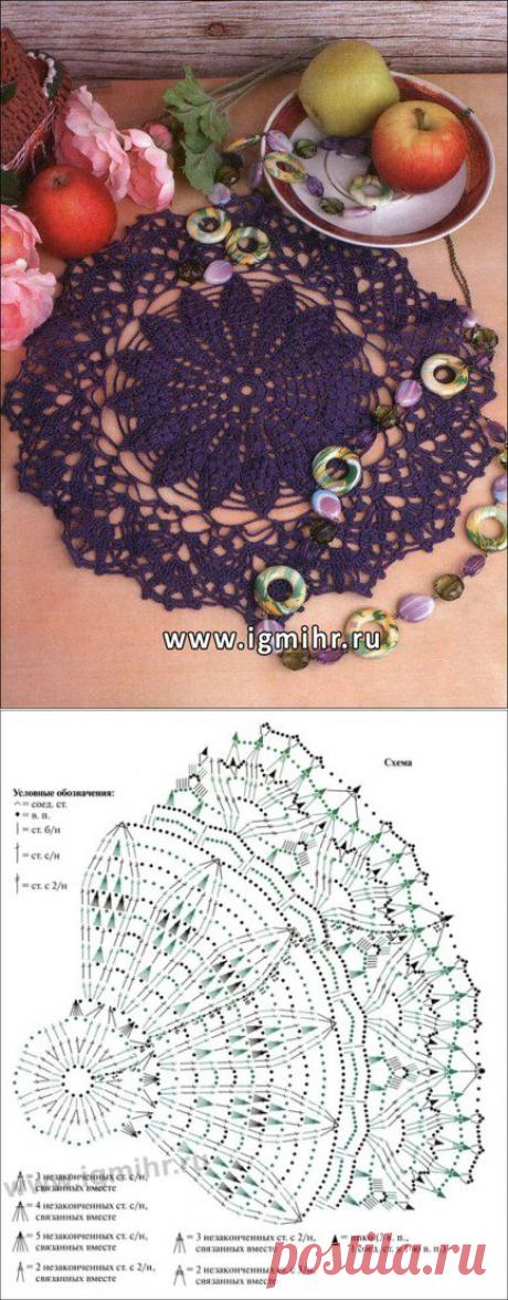 Диаметр: 35 см 

Вам потребуется: 35 г фиолетовой пряжи «Ирис» (100 % хлопок), крючок № 0,9. 

ОПИСАНИЕ РАБОТЫ 
Пряжей фиолетового цвета набрать цепочку из 12 возд. п. и замкнуть в круг с помощью соед. ст. 
1-й р.: 1 возд. п. подъёма, 23 ст. б/н в получившееся кольцо. Ряд закончить с помощью соед. ст. 
2-й р.: 3 возд. п. подъёма, 1 ст. с/н в следующий ст. б/н предыдущего ряда от крючка, 2 ст. с/н в следующий ст. б/н предыдущего ряда от крючка, * 2 ст. с/н в следующие 2 ст. б/н пред