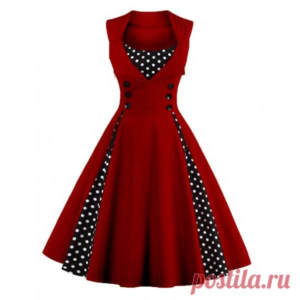 Wholesale Retro Button Embellished Polka Dot Dress (WINE RED,4XL), Vintage Dresses - Rosewholesale.com