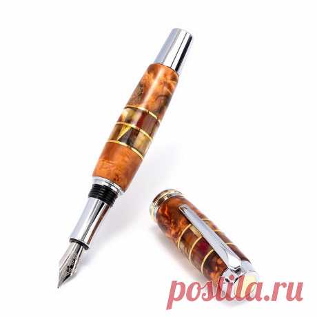 11.290 Р-Купить перьевая ручка из КАПА БЕРЕЗЫ и натурального ЯНТАРЯ в хромированном корпусе