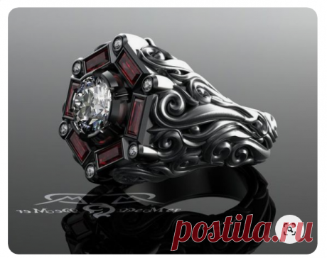 Кольцо. Гранаты. Бесцветные бриллианты. Серебро. Родирование.