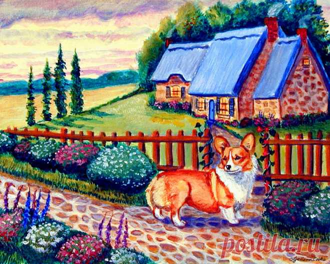 Corgi Cottage Home Fires by Lyn Cook Corgi Cottage Home Fires Painting by Lyn Cook