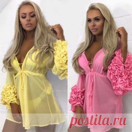 Пляжная туника с рюшами на рукавах