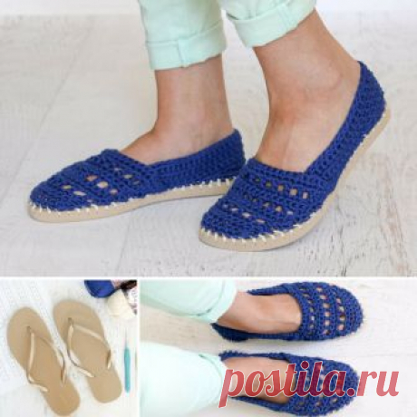 Crochet Shoes with Rubber Bottoms -- Free  These crochet slip-on shoes come together easily with cotton yarn and a pair of flip flops. Wear them to cruise the boardwalk or when frolicking on your yacht!