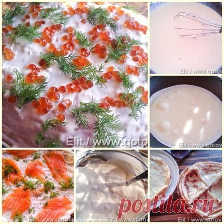 Блинный торт с лососем и творожным сыром