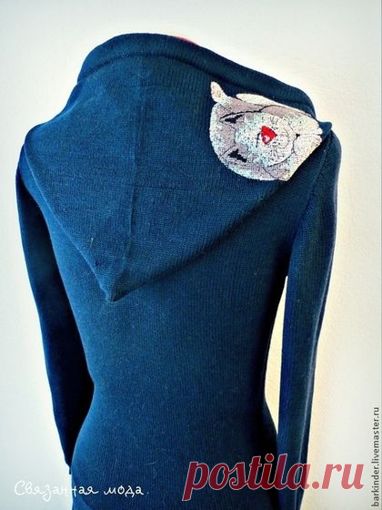 Вязаное платье в пол с капюшоном " Кошачья симфония" - тёмно-синий,платье