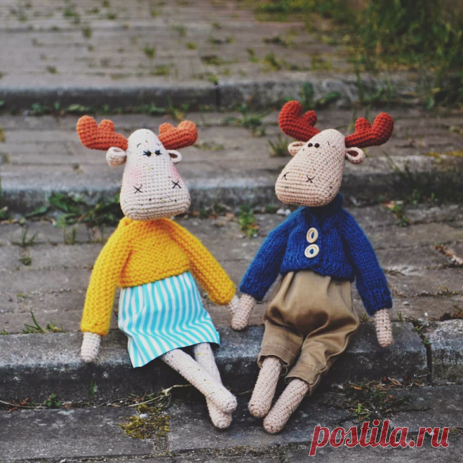 PDF Лосиха Гертруда и Лось Альберт крючком. FREE crochet pattern; Аmigurumi animal patterns. Амигуруми схемы и описания на русском. Вязаные игрушки и поделки своими руками #amimore - лось, олень, оленёнок.