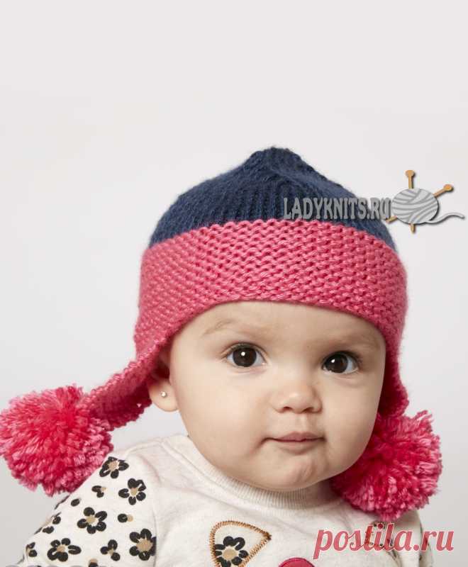 Вязаная спицами детская шапка-ушанка от Caron