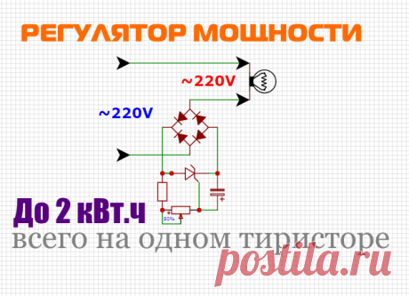 Регулятор мощности на тиристоре  до 2 кВт 220 вольт   Очень простой регулятор мощности переменного тока 220 вольт до 2 киловатт для тэна паяльника на одном тиристоре и диодного моста. В схеме ...