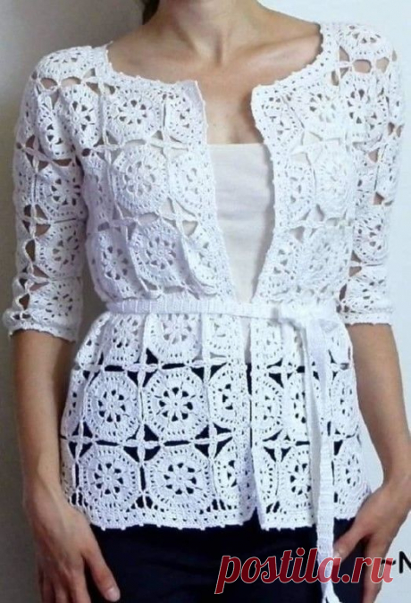 Стильный ажурный жакет из мотивов. Крючком. Схемы. / knittingideas.ru