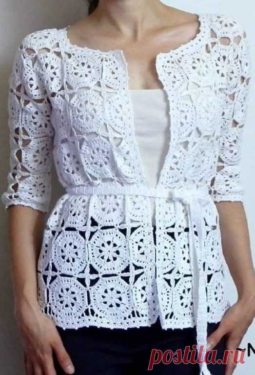 Стильный ажурный жакет из мотивов. Крючком. Схемы. / knittingideas.ru