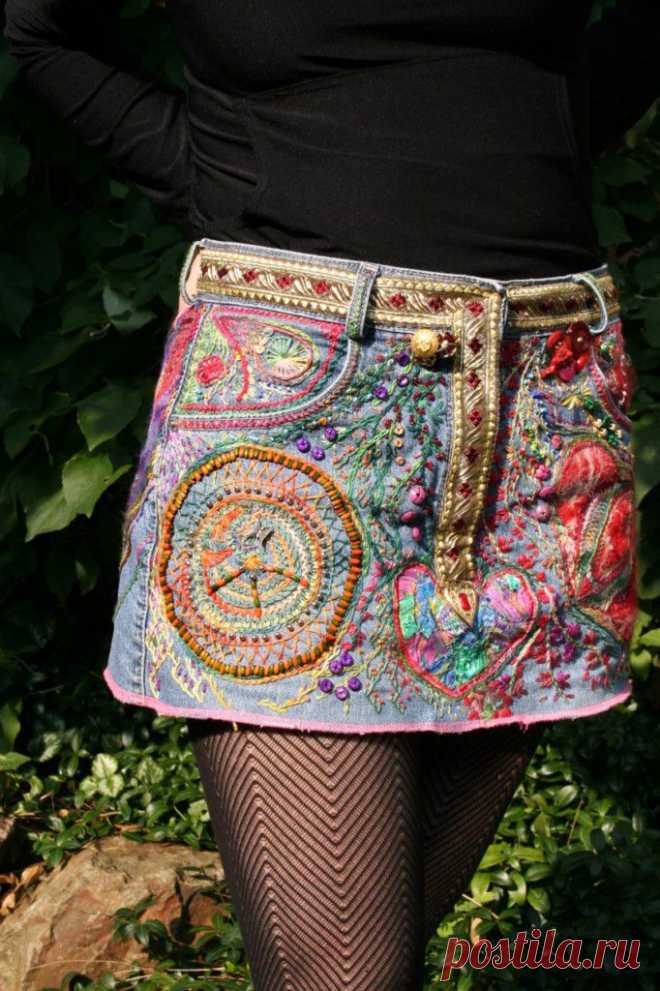 Декор: вышивка на джинсовой юбке: / Вышивка / ВТОРАЯ УЛИЦА