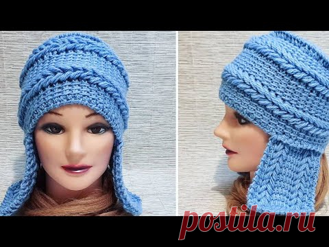 Шапка с ушками крючком на основе тунисского вязания🌟узор всего 1ряд👍❤🧶