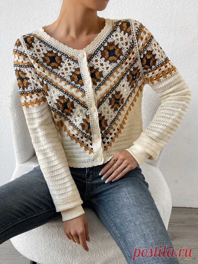 EMERY ROSE Geo Pattern Pointelle Knit Cardigan | SHEIN USA