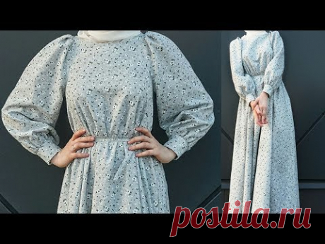 Льняное платье - трапеция с объемными рукавами