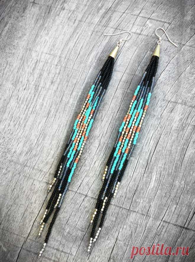 Long Beaded Fringe, Seed Bead Earrings, Shoulder Dusters Turquoise, Grey, Salmon and Silver. Free People, Native Inspired