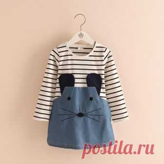 Toddler Girl's Cute Rabbit Mouse Design Striped Long-sleeve Dress | PatPat