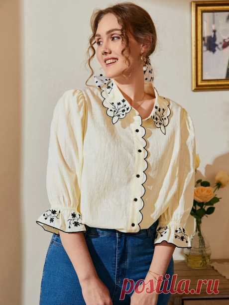 SHEIN размера плюс Блуза с фестончатой отделкой с цветочным принтом с вышивкой | SHEIN Россия